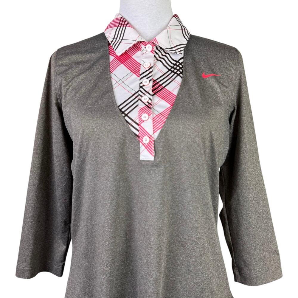 Nike Golf Womens Brown Moisture Wicking Plaid Collar Dri-Fit Sports Twofer Shirt - Picture 4 of 12
